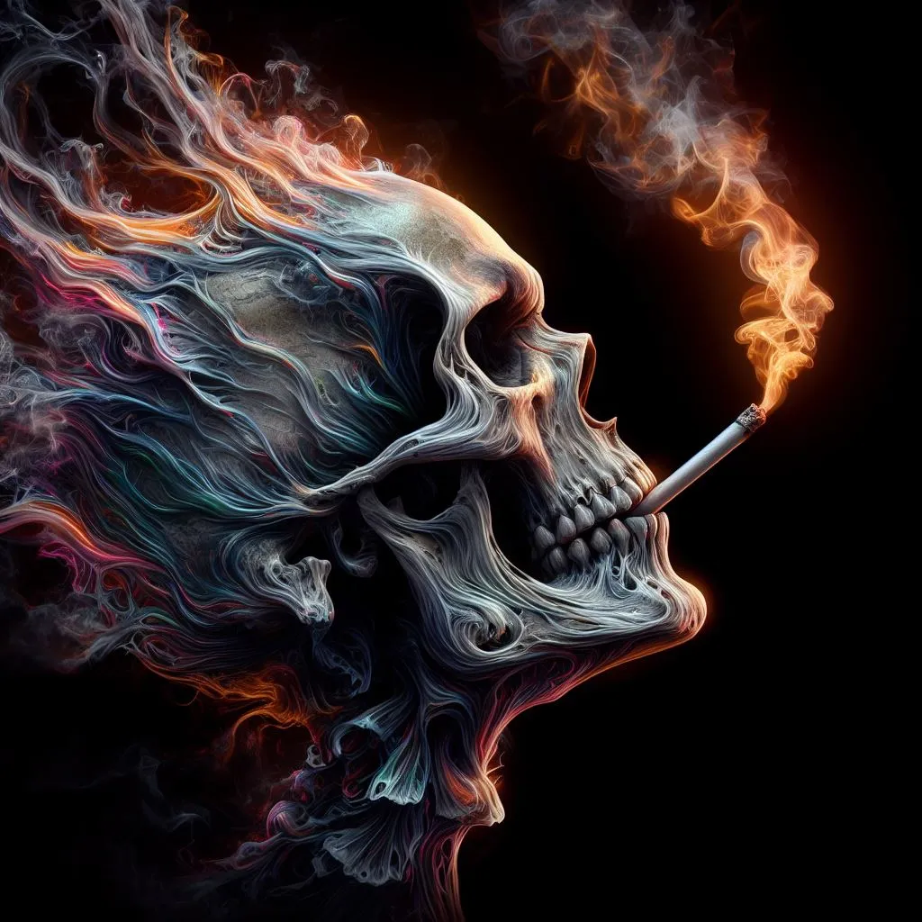 a skull with a cigarette in its mouth