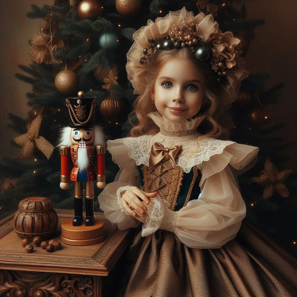 a painting of a girl with a nutcracker in front of a christmas tree