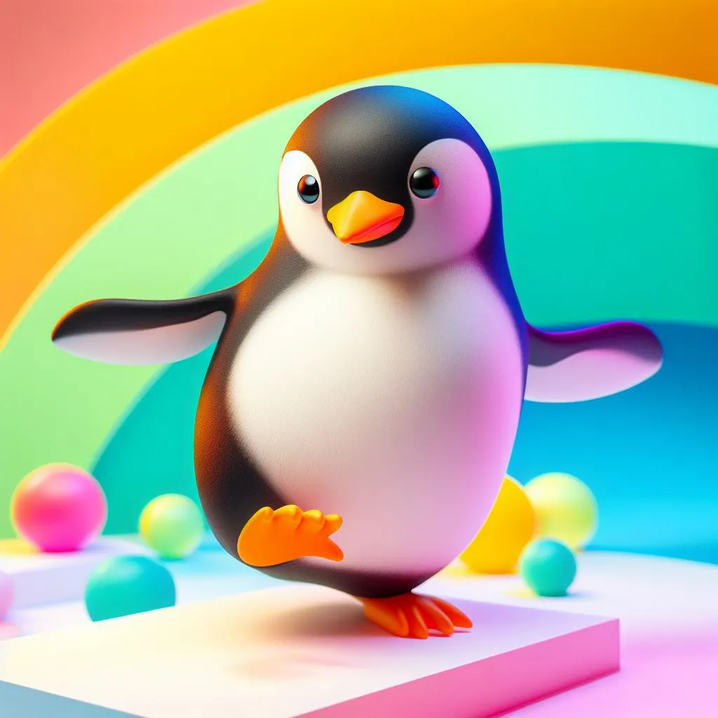 Penguin dancing on top of a giant clam with a coral backdrop