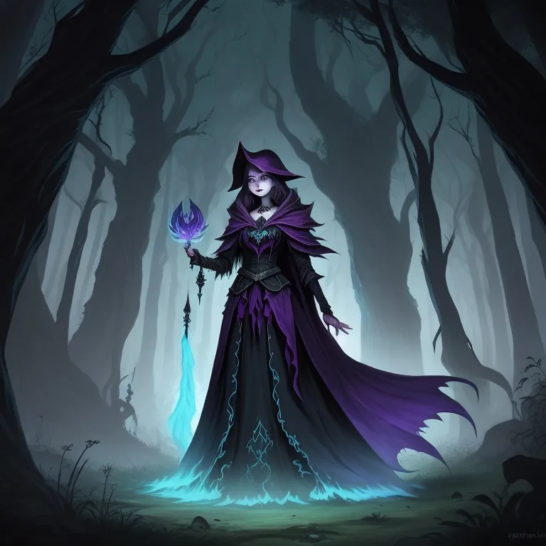 a woman in a purple dress holding a blue ball in a dark forest