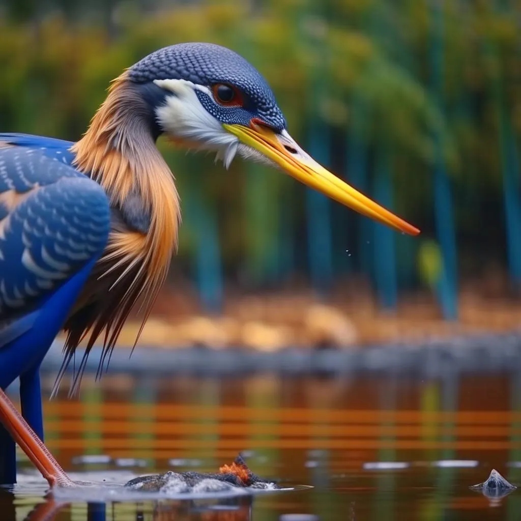 a bird with a long beak standing in the water