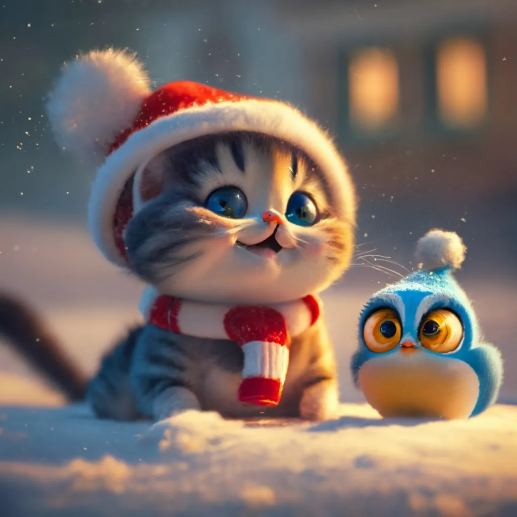 a cat wearing a santa hat next to an owl