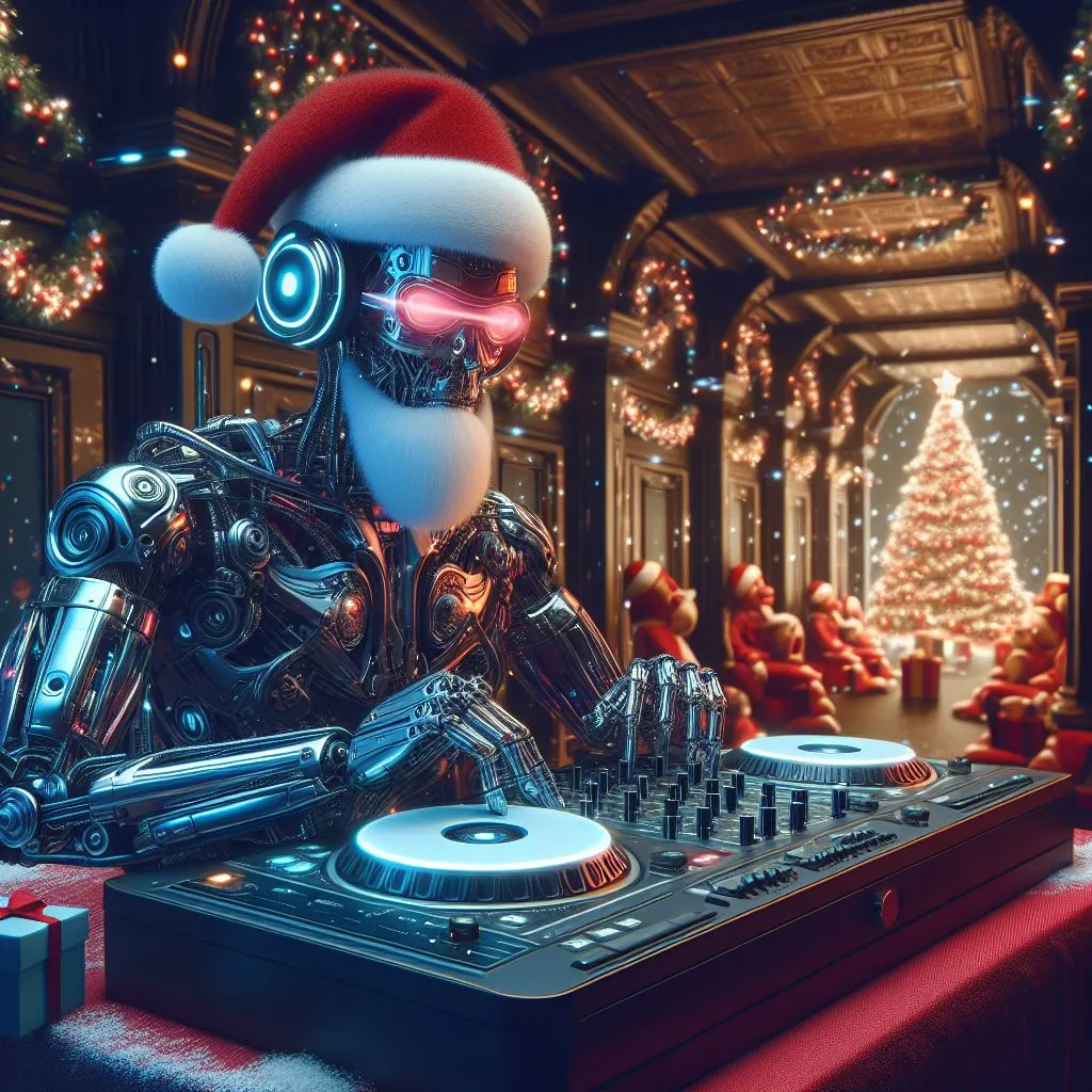 a DJ in a Santa suit with headphones on, Dancing Reindeers, Hi Tech, Electronic, Photorealistic, 16K