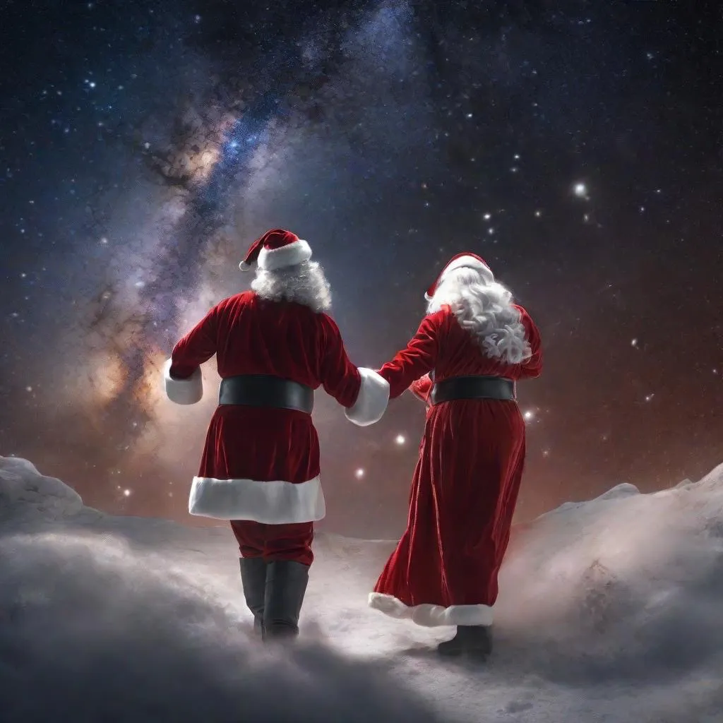 Santa and his wife standing in the snow, the nebula and clouds in the background are moving, wide angle