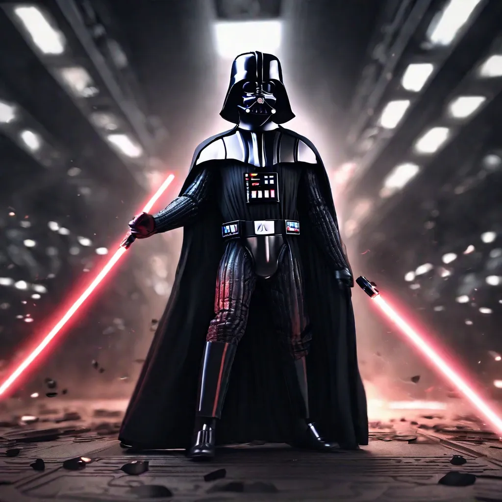 Darth Vader standing in a dark tunnel, with the darkness swirling around him