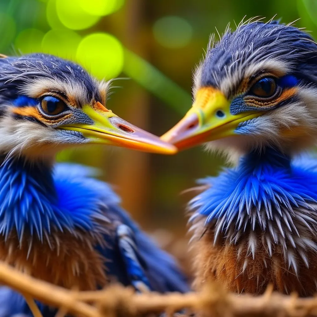 two small birds with blue feathers standing next to each other