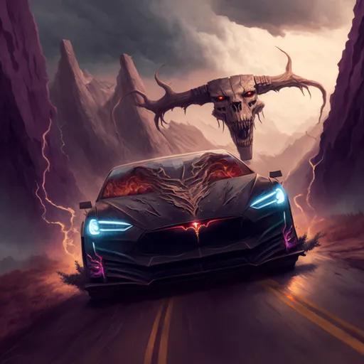 sinister tesla flying through a valley of doom