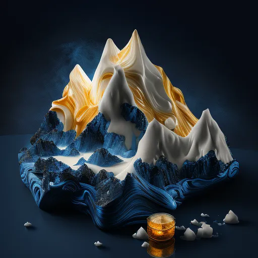 a blue and white mountain with a jar of honey. liquid, natural landscape, gas, art, electric blue, event, font, rock, still life photography, graphics