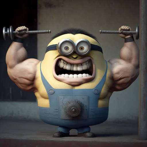 a cartoon character with a barbell in his hands. mouth, jaw, gesture, cartoon, art, revolver, toy, technology, audio equipment, moustache