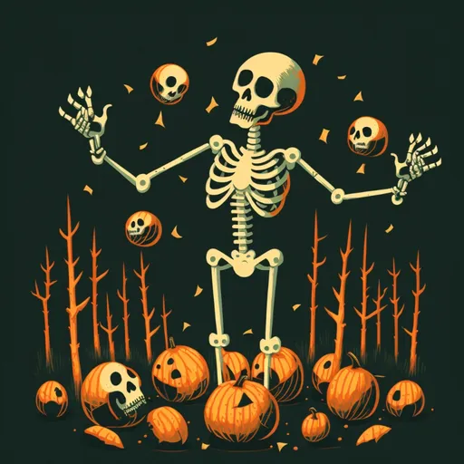 a skeleton is surrounded by pumpkins in a field. pumpkin, black, calabaza, organism, winter squash, cucurbita, jack-o'-lantern, gourd, bone, art