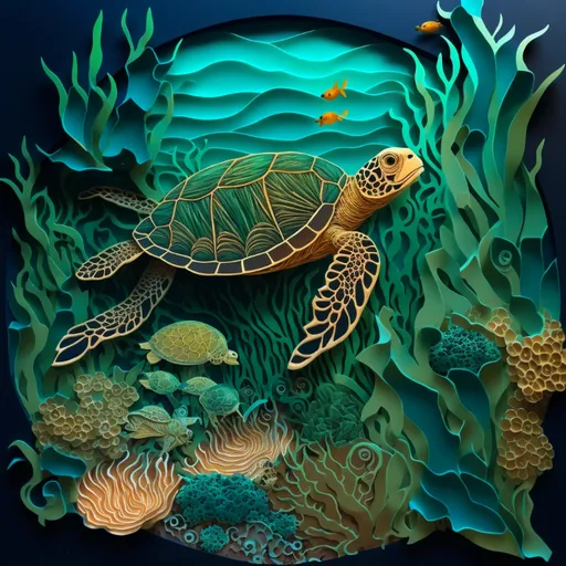 a paper cut of a turtle swimming in the ocean. vertebrate, underwater, water, hawksbill sea turtle, organism, fluid, marine biology, coastal and oceanic landforms, aqua, turtle