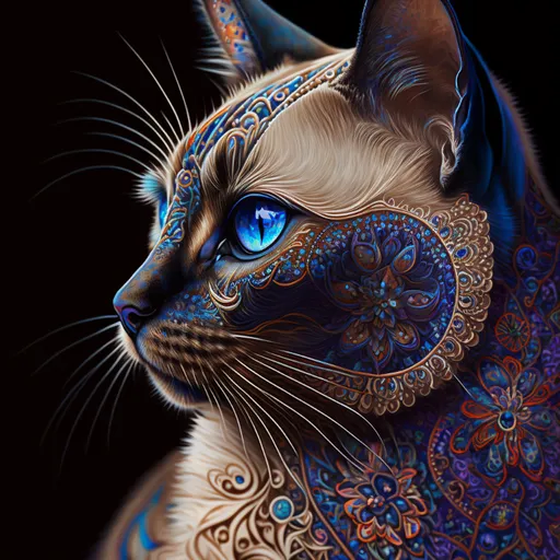 a painting of a cat with blue eyes. cat, felidae, carnivore, iris, whiskers, small to medium-sized cats, art, snout, electric blue, close-up