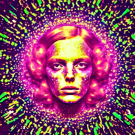 a woman's face is surrounded by colorful sprinkles. colorfulness, eye, purple, art, magenta, line, violet, electric blue, circle, graphics