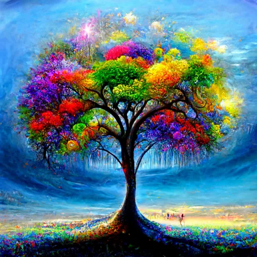 a painting of a tree with many colors. plant, people in nature, natural landscape, green, nature, natural environment, paint, branch, tree, art paint