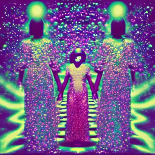 two people standing in front of a colorful background. people in nature, light, purple, entertainment, organism, art, violet, visual effect lighting, font, magenta