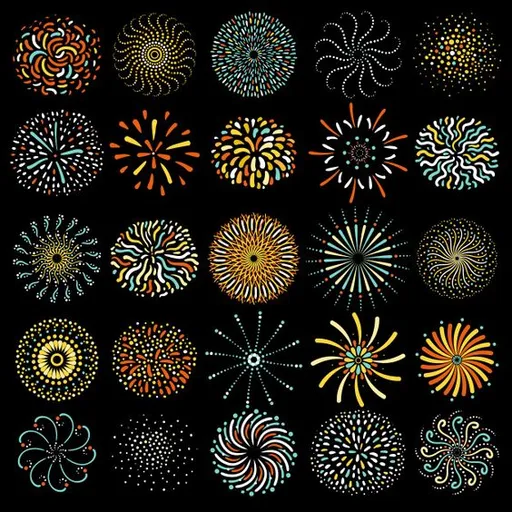 a bunch of different fireworks on a black background. light, black, textile, lighting, art, rectangle, line, font, wall, symmetry