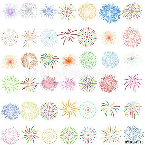 a collection of colorful fireworks on a white background. product, rectangle, textile, aqua, line, font, symmetry, pattern, circle, magenta