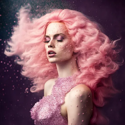 a woman with pink hair and glitter on her face. face, head, lip, eyebrow, eye, eyelash, flash photography, pink, art, wig