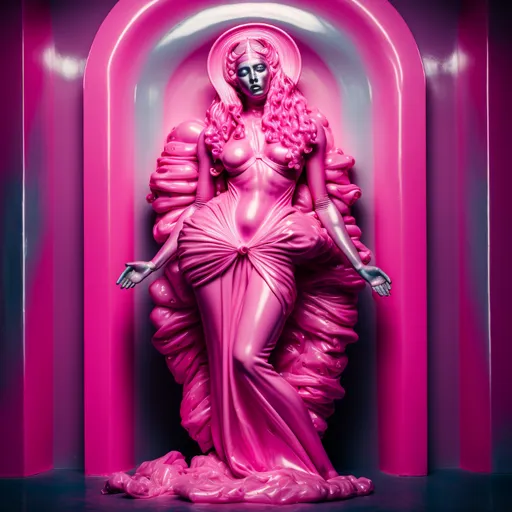 a statue of a woman in a pink dress. statue, purple, sculpture, temple, pink, art, red, magenta, chest, monument