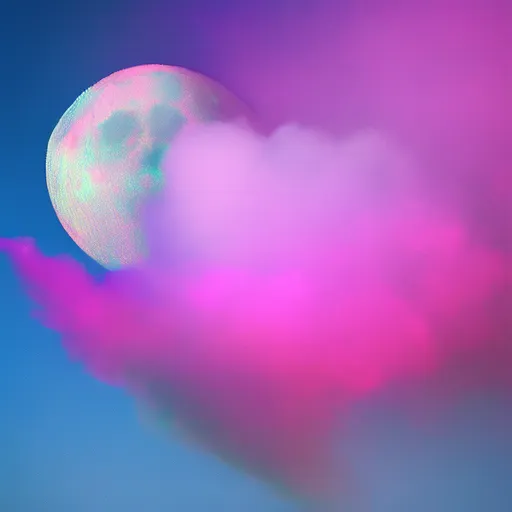 a pink cloud with a half moon in the background. purple, violet, pink, gas, magenta, art, sky, electric blue, circle, lens flare