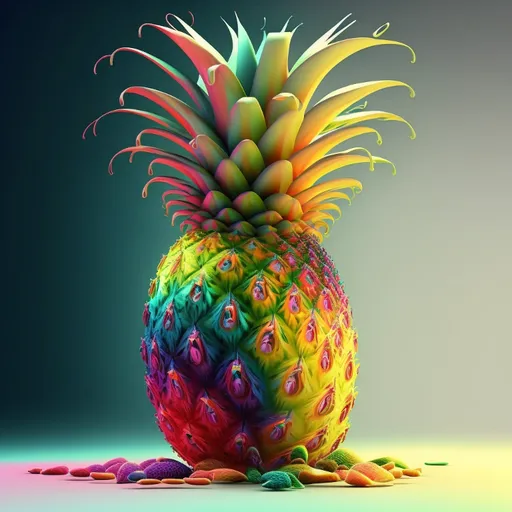 a colorful pineapple sitting on top of a table. terrestrial plant, art, serveware, pineapple, natural foods, event, magenta, ananas, fractal art, font