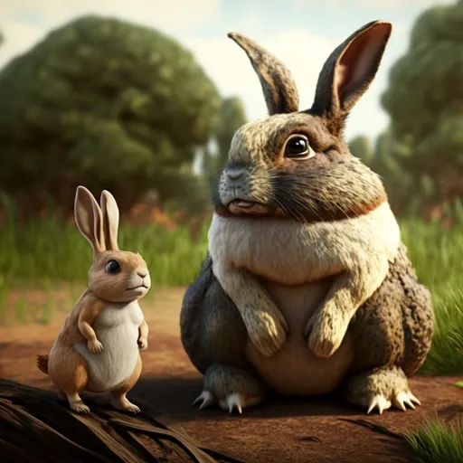 a rabbit sitting next to a smaller rabbit on a dirt road. rabbit, nature, natural environment, plant, ear, organism, gesture, rabbits and hares, grass, hare