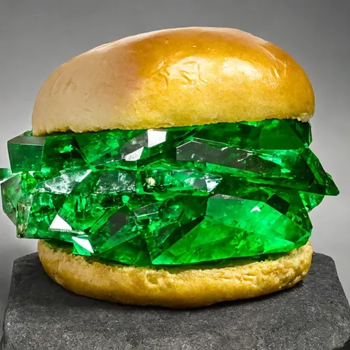 a green crystal sandwich sitting on top of a rock. ingredient, bun, food, fast food, baked goods, cuisine, dish, staple food, junk food, hamburger