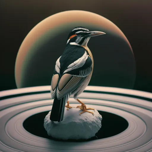 a bird sitting on top of a white object, in front of the Planet Saturn, a crescent moon is rising