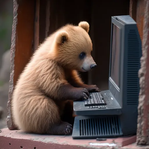 a small brown bear sitting on top of a laptop computer. computer, carnivore, terrestrial animal, personal computer, snout, fur, bear, whiskers, sitting, wildlife