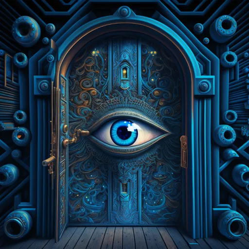 a blue door with an eye inside of it. blue, azure, art, aqua, wood, symmetry, pattern, electric blue, gas, circle