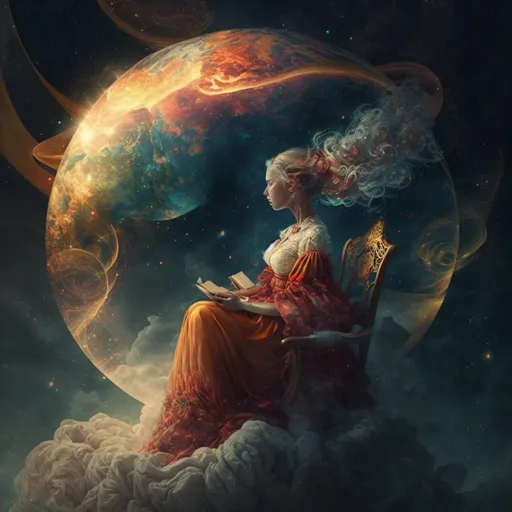 a woman sitting on a cloud reading a book. world, organism, art, astronomical object, cg artwork, moon, space, darkness, painting, science