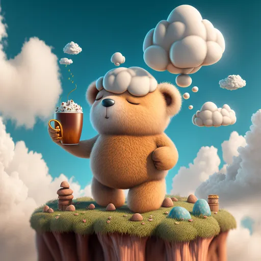 a brown bear standing on top of a cliff. cloud, nature, cartoon, happy, organism, gesture, sky, art, font, illustration