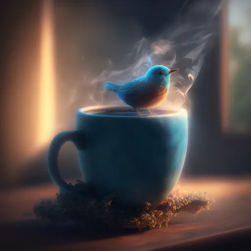 a bird sitting on top of a cup of coffee. tableware, drinkware, liquid, dishware, cup, coffee cup, serveware, teacup, porcelain, drink