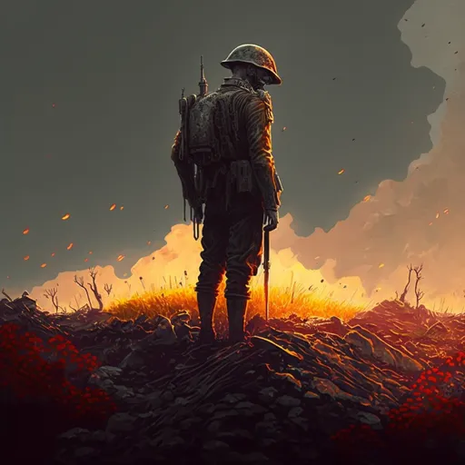 a soldier standing on top of a hill. sky, people in nature, helmet, backpack, landscape, heat, hat, luggage and bags, event, fire