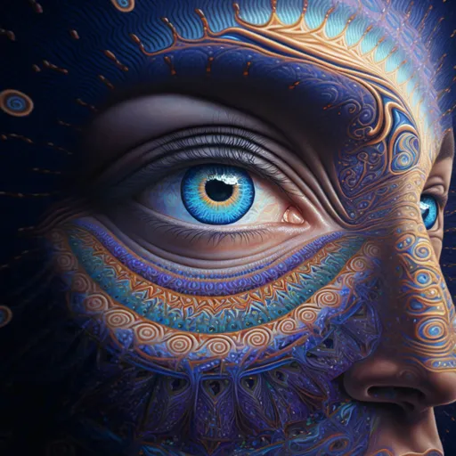 a dreaming woman's face with a blue eye. azure, organism, iris, eyelash, art, electric blue, symmetry, pattern, circle, visual arts, dreaming