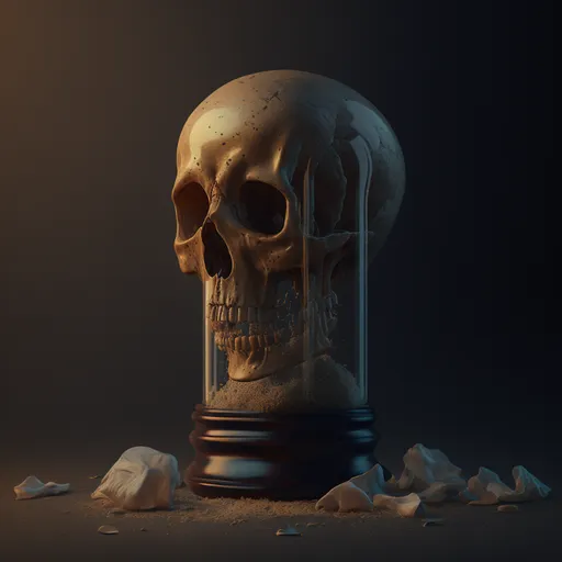 a skull in a glass jar with rocks around it. jaw, bone, art, skull, gas, darkness, wood, metal, still life photography, skeleton