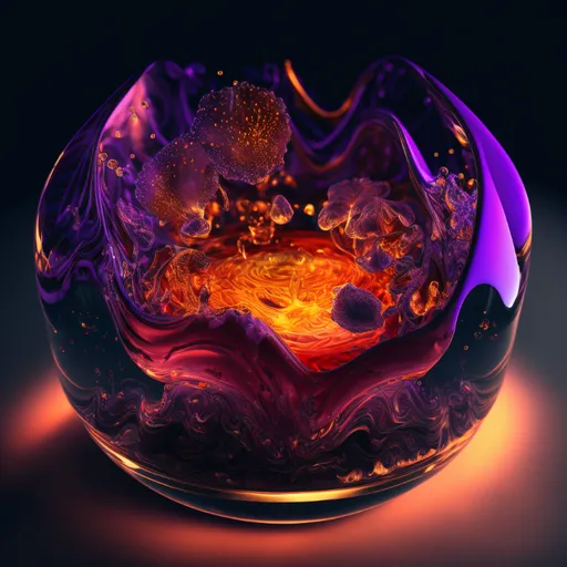 a glass bowl filled with liquid on top of a table. liquid, purple, fluid, gas, art, electric blue, circle, darkness, transparent material, glass
