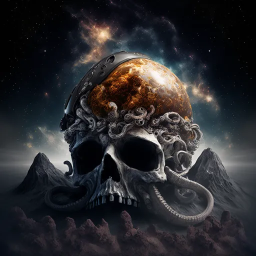 a skull with a helmet on top of it. atmosphere, world, sky, astronomical object, font, science, art, space, flash photography, calm