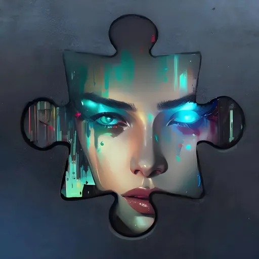 a piece of a puzzle with a woman's face. jaw, art, headgear, eyelash, paint, electric blue, personal protective equipment, event, fictional character, painting