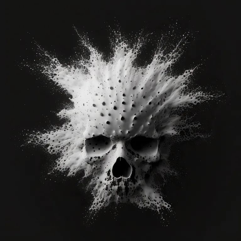 a black and white photo of a skull with sprinkles. water,  liquid, petal, flash photography, art, . the splashes scatter and shimmer