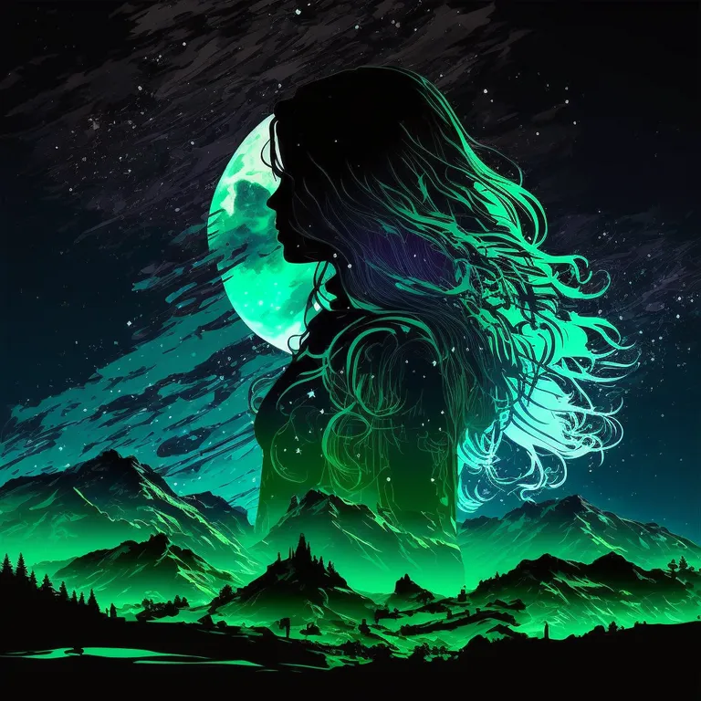 a woman with long hair standing in front of a full moon. green, nature, liquid, art, cg artwork, astronomical object, font, geological phenomenon, painting, space