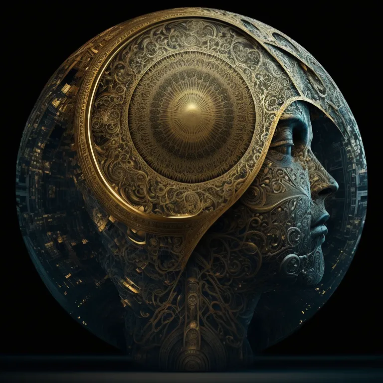 a woman's head with a circular design on it. artifact, door handle, sculpture, circle, art, font, metal, bronze, fashion accessory, antique