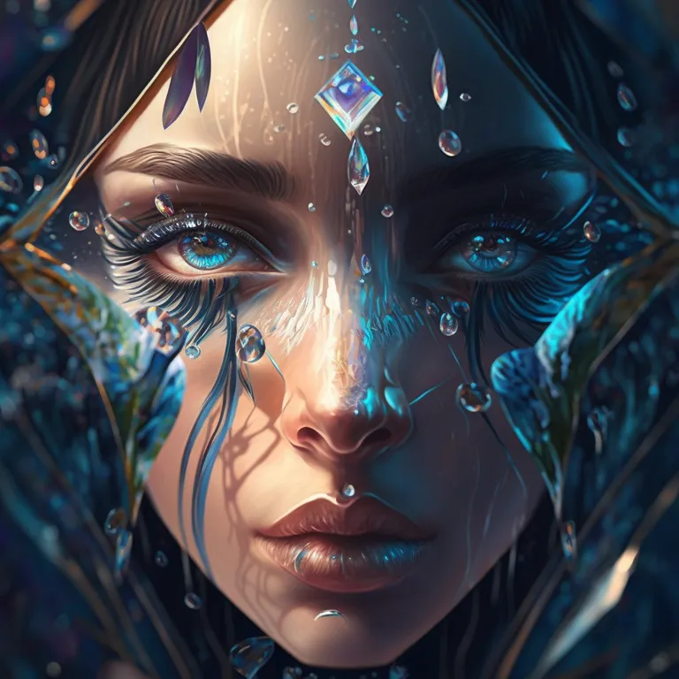 a woman's face with blue eyes and feathers. eyelash, black, flash photography, iris, art, cg artwork, electric blue, painting, darkness, close-up