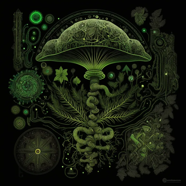 a green mushroom surrounded by plants and other things. art, font, symmetry, pattern, darkness, visual arts, graphics, drawing, circle, illustration