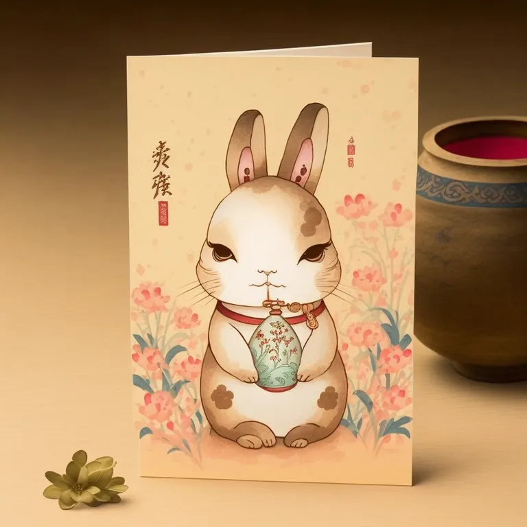 a card with a picture of a rabbit holding a tea pot. drinkware, pink, creative arts, serveware, art, font, porcelain, event, ceramic, cup