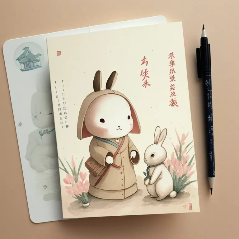 A greeting card of two rabbits with their hands waving in the air