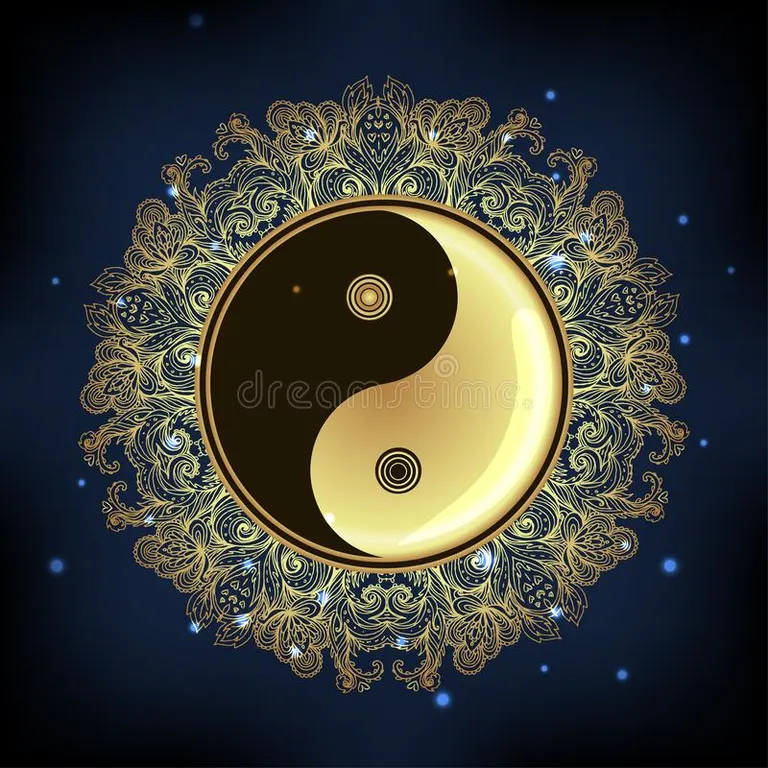 a golden yin yin symbol on a blue background royalty illustration. font, circle, art, electric blue, symbol, space, pattern, astronomical object, illustration, crescent