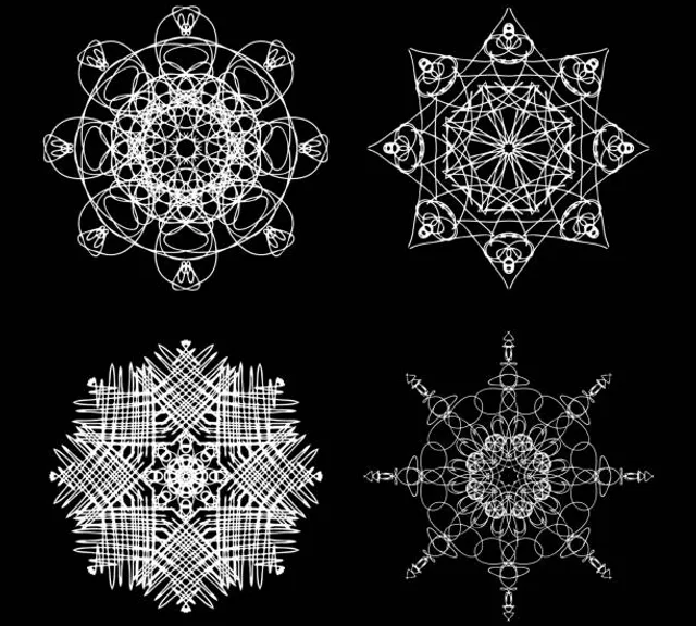 a set of four abstract designs on a black background. white, black, textile, art, font, creative arts, motif, ornament, symmetry, pattern