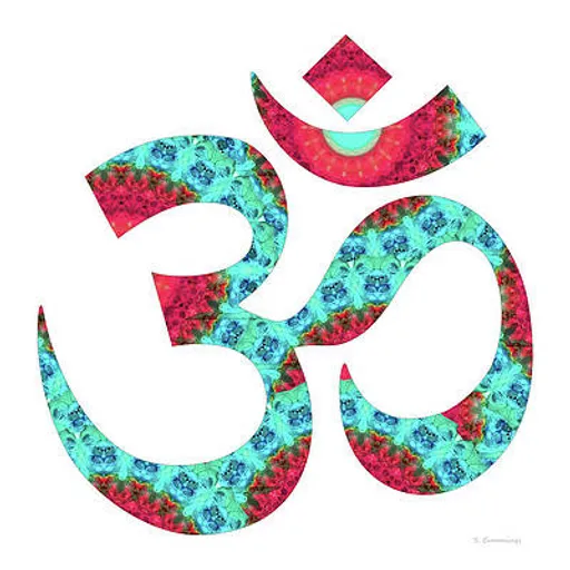 an om shan symbol with a red and blue background. font, aqua, art, symbol, pattern, electric blue, circle, graphics, illustration, logo