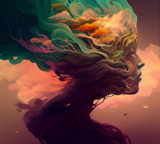 a painting of a woman's head with clouds in the background. art, cg artwork, cloud, wind, visual arts, graphics, fictional character, darkness, electric blue, heat